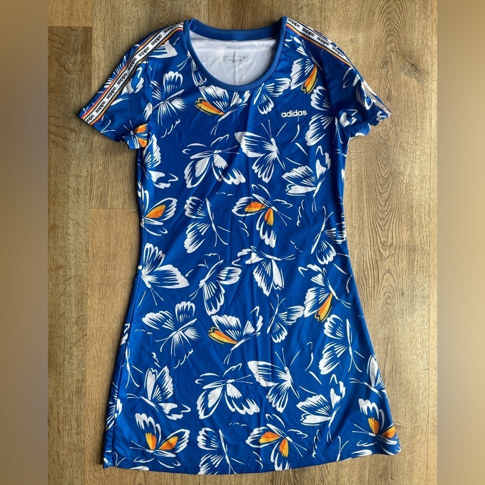 Adidas x Farm Rio Blue Butterfly Print T‑Shirt Dress Size S Sporty Floral Tee